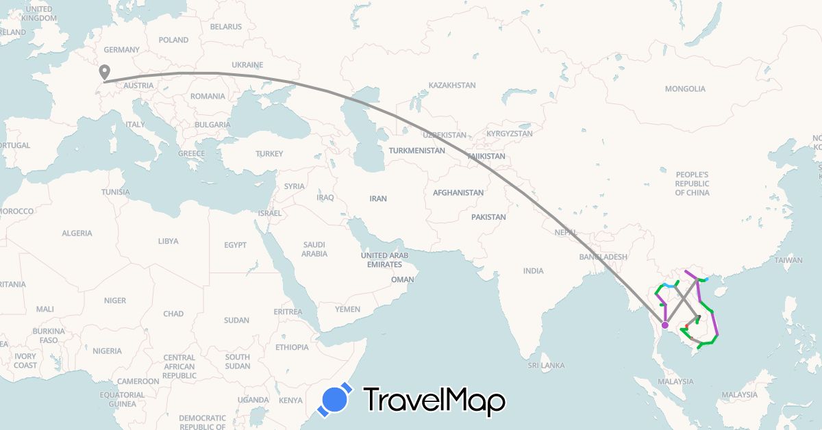 TravelMap itinerary: driving, bus, plane, train, boat, motorbike, tuk-tuk in Switzerland, Cambodia, Laos, Thailand, Vietnam (Asia, Europe)